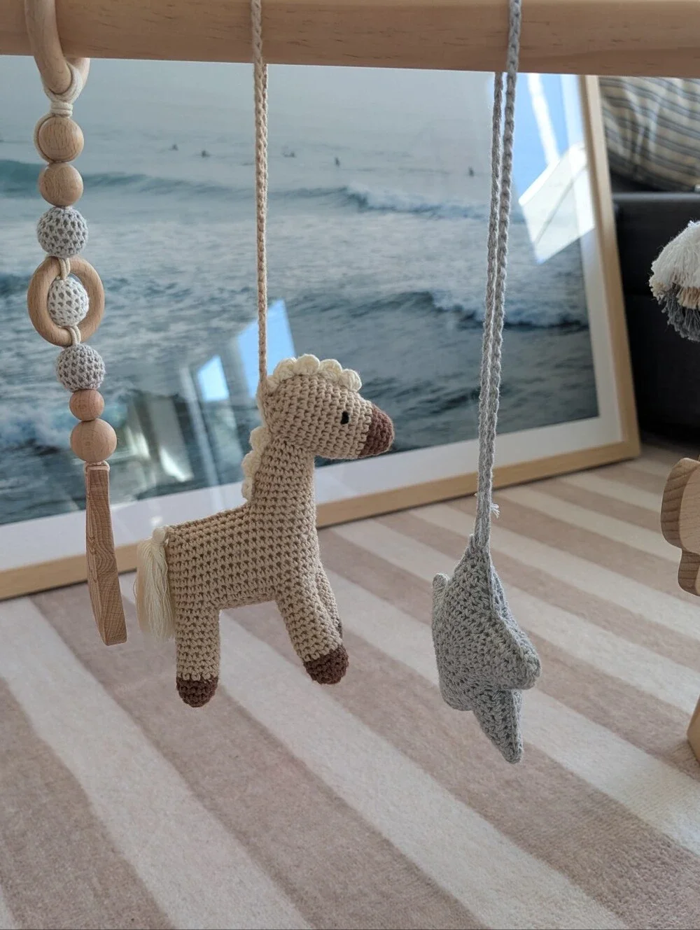 Natural Wood Baby Gym with Crochet Toys